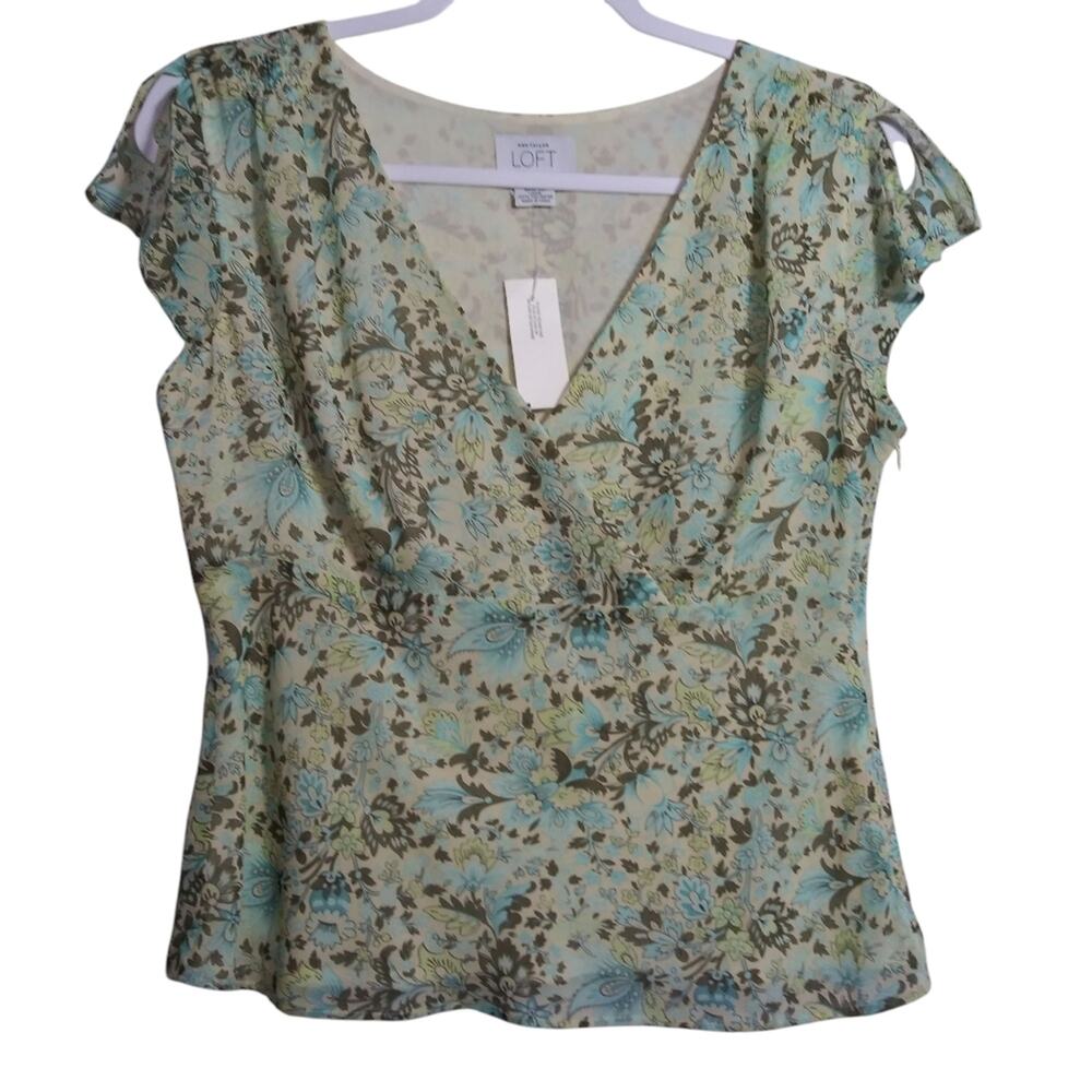 Loft Blue Floral Silk Babydoll Y2k Flutter Sleeve V Neck Top Size 6